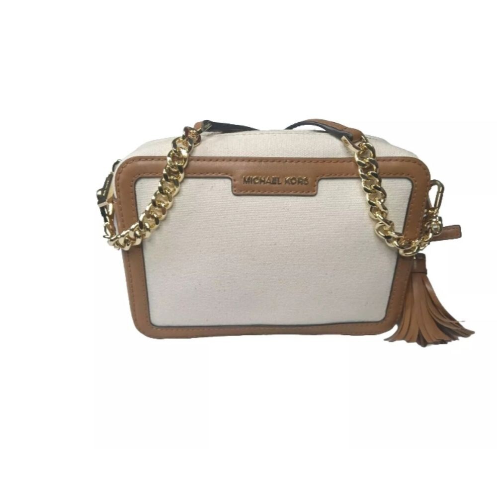 Michael Kors Canvas Camera Bag Crossbody Shoulder Bag Purse Natural~ Acorn Brown